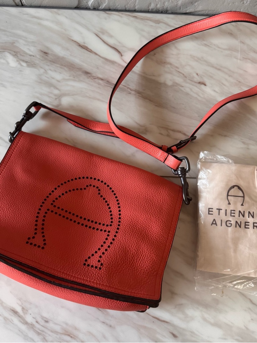 Etienne Aigner Leather Crossbody Bag Coral Perforated Logo Flap Shoulder Bag